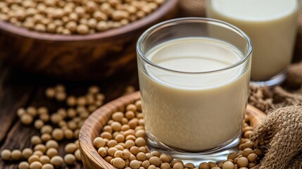 closeup of soy beans in a wooden bowl with soy milk in a glass, showcasing plant-based protein, vegan nutrition, and dairy-free food options