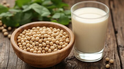 closeup of soy beans in a wooden bowl with soy milk in a glass, showcasing plant-based protein, vegan nutrition, and dairy-free food options