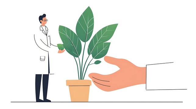 scientist tending green plant, hand, pot, white background clip art preview