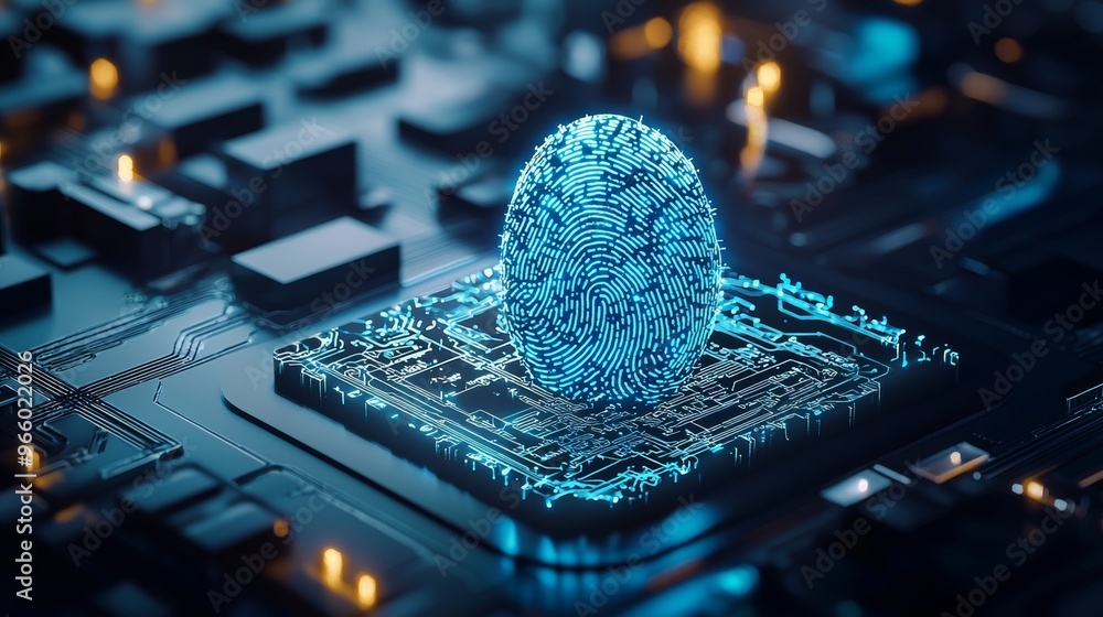 Poster imagination of future digital processing of fingerprint biometrics. concept for surveillance and sec