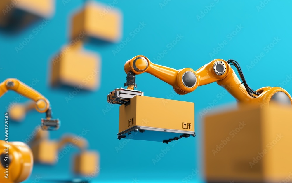 Poster a warehouse with automated sorting and packaging robots handling e-commerce shipments