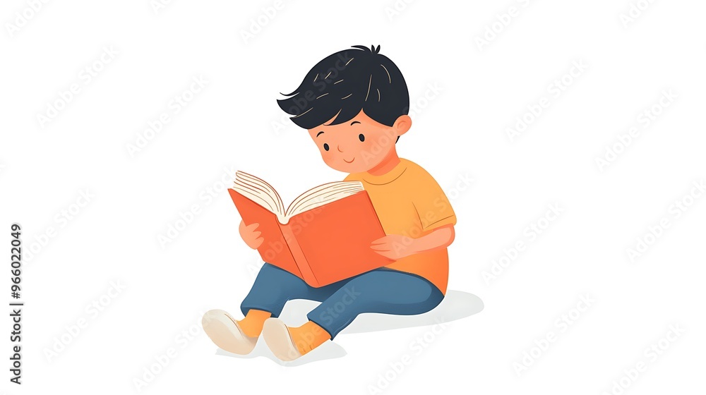 Aufkleber child engrossed in book - minimalistic flat design illustration on white background with simple shap