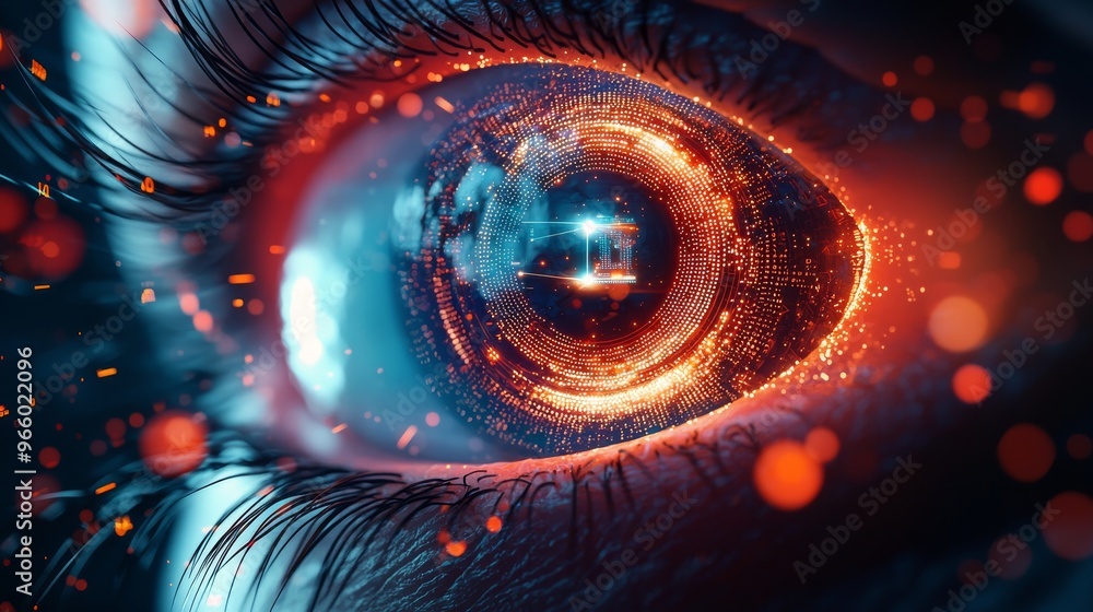 Poster animated multicolored iris of the eye concept. rainbow lines scatter from a bright binary circle and