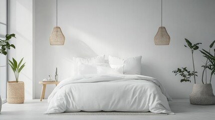 Minimalist bedroom with a double bed, bright ambiance, and subtle decorative touches, creating a tranquil retreat.