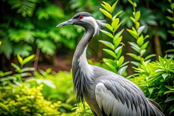 A majestic gray-and-white crane stands tall amidst lush greenery, its long neck bent slightly, feathers ruffled, and sharp eyes gazing outward with serene intensity.