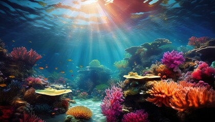 Naklejka premium Underwater scene with vibrant coral reefs and sunlight rays