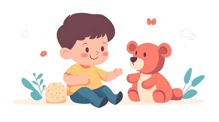 Fototapeta premium Adorable Baby Playing with Stuffed Animal - Minimalist Vector Illustration on White Background