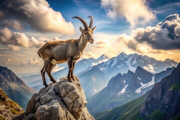 Fototapeta premium A majestic goat stands atop a rugged mountain peak, symbolizing determination and perseverance, with a subtle nod to the celestial Capricorn zodiac sign.