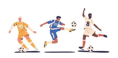 Football Players In Action Posing With Soccer Balls Displaying Dynamic Movements And Skills In Their Team Uniforms