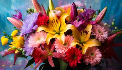 Fototapeta premium Vibrant bouquet of colorful flowers in full bloom, showcasing a mix of lilies, carnations, and other blossoms
