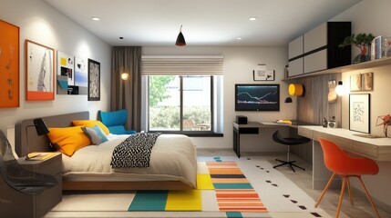 Modern teenager's room with sleek furniture, colorful decor, and a cozy bed, offering a stylish and practical living environment.
