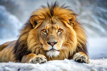 Obraz premium A Majestic Male Lion Is Frozen In Death, Lying On Its Side With Its Head Resting On Its Paws.