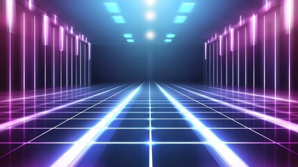 Neon glow lines design on cyan blue and purple grids, creativity, digital, internet, cyberpunk, virtual reality, abstract background. Stock illustrative photo.