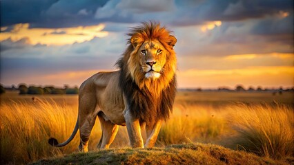 A Majestic Male Lion Stands Tall And Proud In The Golden Light Of The Savannah, His Piercing Gaze And Muscular Physique Exuding Strength And Dominance.