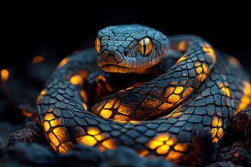 Obraz premium A mesmerizing snake with glowing patterns, coiled elegantly against a dark background, showcasing stunning details and textures.