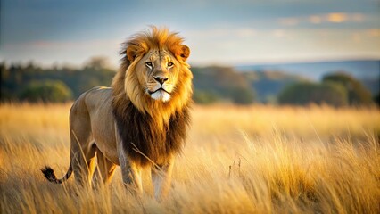 A Majestic Male Lion Stands Tall In The Golden Savanna, His Piercing Gaze Surveying His Surroundings With An Air Of Dominance And Authority.