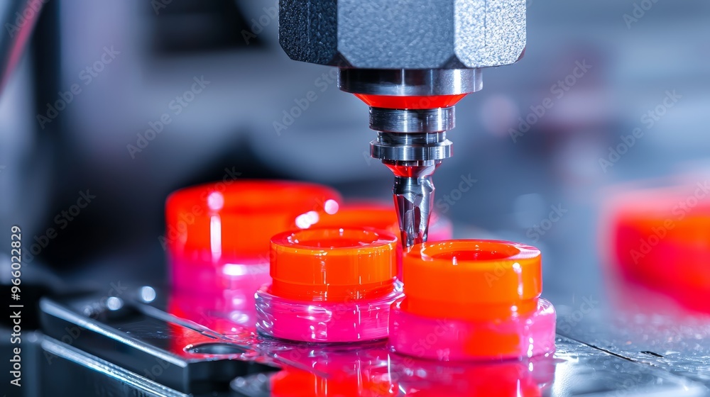 Poster close-up of injection molding tools creating detailed plastic components in a high-efficiency produc