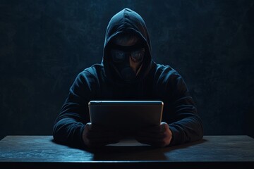 In a dark room background, a cyber criminal wearing a black hat uses a tablet to hack private data. Cybersecurity cyber crime concept. Cybercrime hack. Cybercrime concept. Hacking phishing concept.