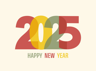 Greeting card with colorful number 2025 and text Happy New Year on a beige background. Flat vector illustration in risograph style