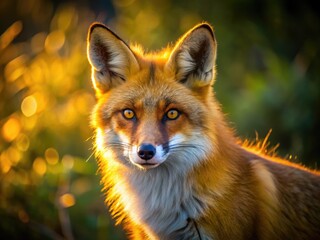 Fototapeta premium A majestic red fox stands upright, its bright orange fur glistening in the sunlight, piercing yellow eyes fixed intently forward, conveying cunning and curiosity.