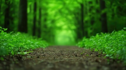 Green forest path with a dense canopy, dappled light on the ground, peaceful atmosphere