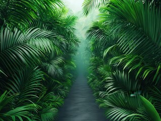Path through a tropical rainforest, dense canopy overhead, mist in the distance, vibrant greens