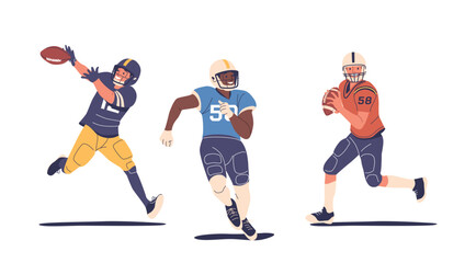 Three American Football Players in Uniform Demonstrating Dynamic Pose. Rugby Players Characters Showcasing Skill
