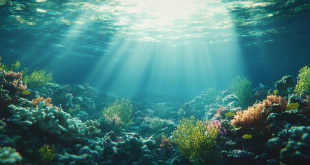 Fototapeta premium Underwater coral reef with vibrant marine life illuminated by sunlight in a tropical ocean