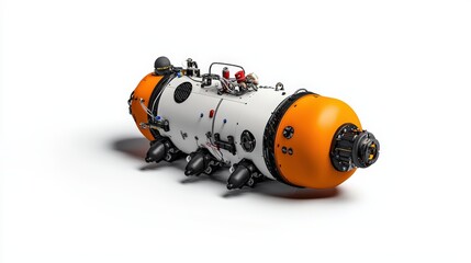 A modern submersible designed for underwater exploration, featuring a sleek shape and vibrant orange accents.