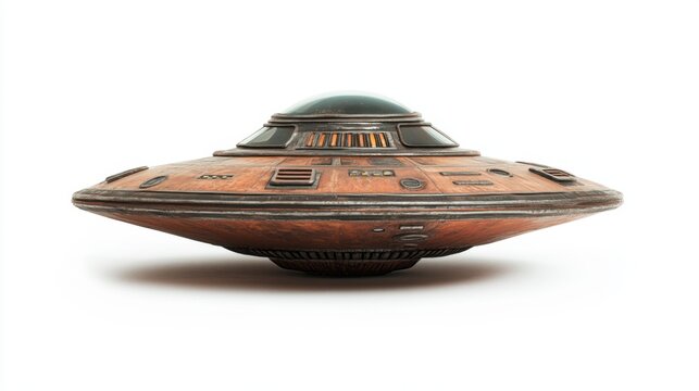 Vintage UFO model isolated on a clean, white background. The spacecraft features classic retro design elements, evoking a sense of nostalgia and mystery.