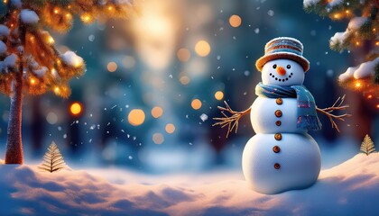 Snowman smiling and standing in snowfall with Christmas ornament. Winter morning landscape, bokeh forest background
