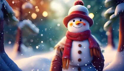 Snowman smiling and standing in snowfall with Christmas ornament. Winter morning landscape, bokeh forest background
