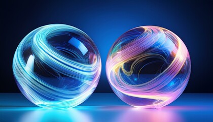  Two glowing orbs with swirling neon patterns, reflecting on a blue surfac
