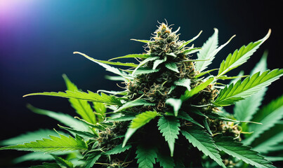 A close-up of a cannabis plant with green leaves and buds against a dark blue background