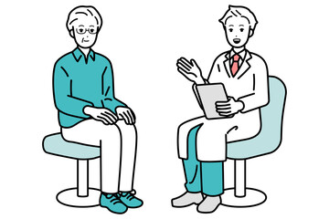 Illustration of a doctor, explaining a medical examination to a senior man.
