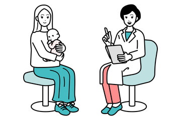 Illustration of doctor, explaining medical examination to parent and child.
