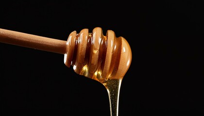 A honey dipper with dripping honey on a wooden stick, isolated on a black background