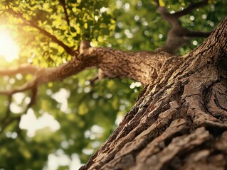 Fototapeta premium Large tree with sprawling branches forming a natural canopy, soft sunlight, eco-friendly vibes