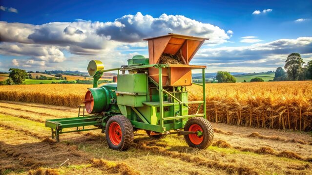 A Modern Agricultural Sheller Machine Stands In A Field In Kenya, Surrounded By Harvested Crops, Ready To Process And Remove The Outer Layers Of Grains And Seeds.