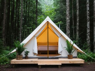 Eco-friendly glamping tent in a forest, surrounded by trees, canopy overhead, soft lighting