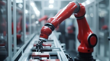 A red robotic arm working in an industrial factory setting, assembling a product on a conveyor belt.