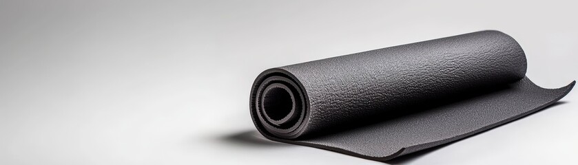 A rolled black yoga mat on a smooth surface, perfect for fitness enthusiasts and home workouts.