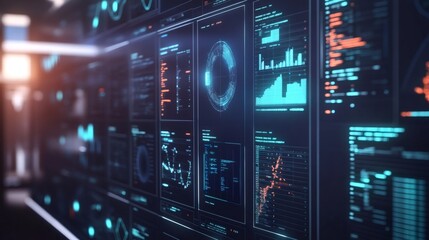 Fototapeta premium A close up of a futuristic user interface with various graphical data representations and charts on the screen.