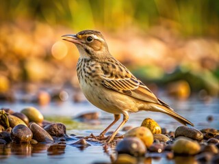 Fototapeta premium A Mudlark Bird Perched On A Muddy Riverbank, Searching For Food Among The Pebbles And Debris.