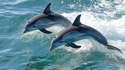 Fototapeta premium Graceful Dolphins Frolicking near the Sunlit Surface of the Sea
