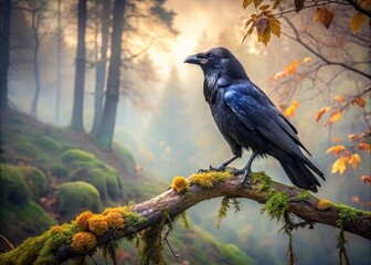 A mysterious raven perches on a gnarled tree branch, its sleek black feathers glistening in the misty morning light, surrounded by eerie forest foliage.