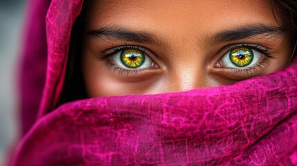Fototapeta premium Closeup of the bright green eyes of a girl with her face wrapped in a magenta scarf generative ai
