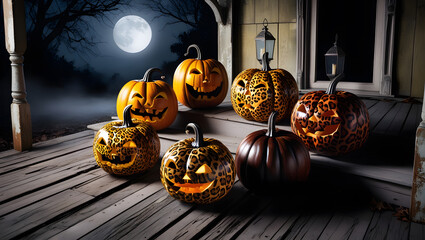 Spooky Halloween pumpkins with unique designs illuminated on a porch under a full moon at night