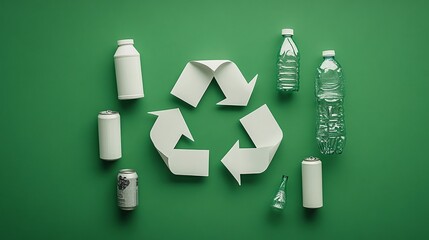 Vibrant Recycling Symbol Crafted from Everyday Items Enhancing Green Awareness on Solid Background