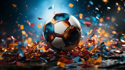 Fototapeta premium A soccer ball is surrounded by colorful confetti